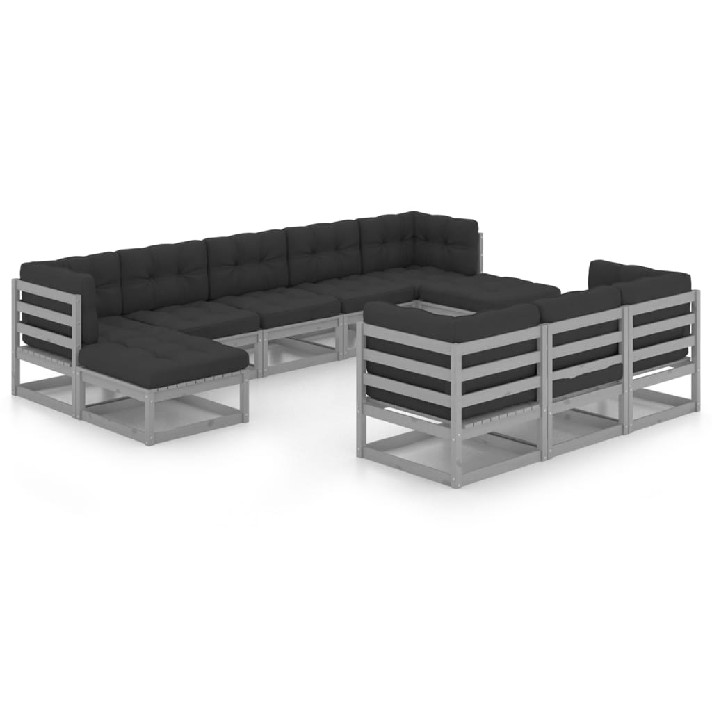 10-tlg. Garten-Lounge-Set mit Kissen Grau Kiefer Massivholz